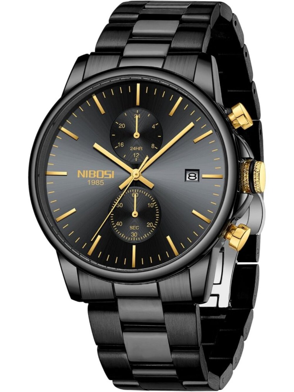 Men's Black Gold Stainless Steel Quartz Waterproof Day Date Casual Wrist Watch